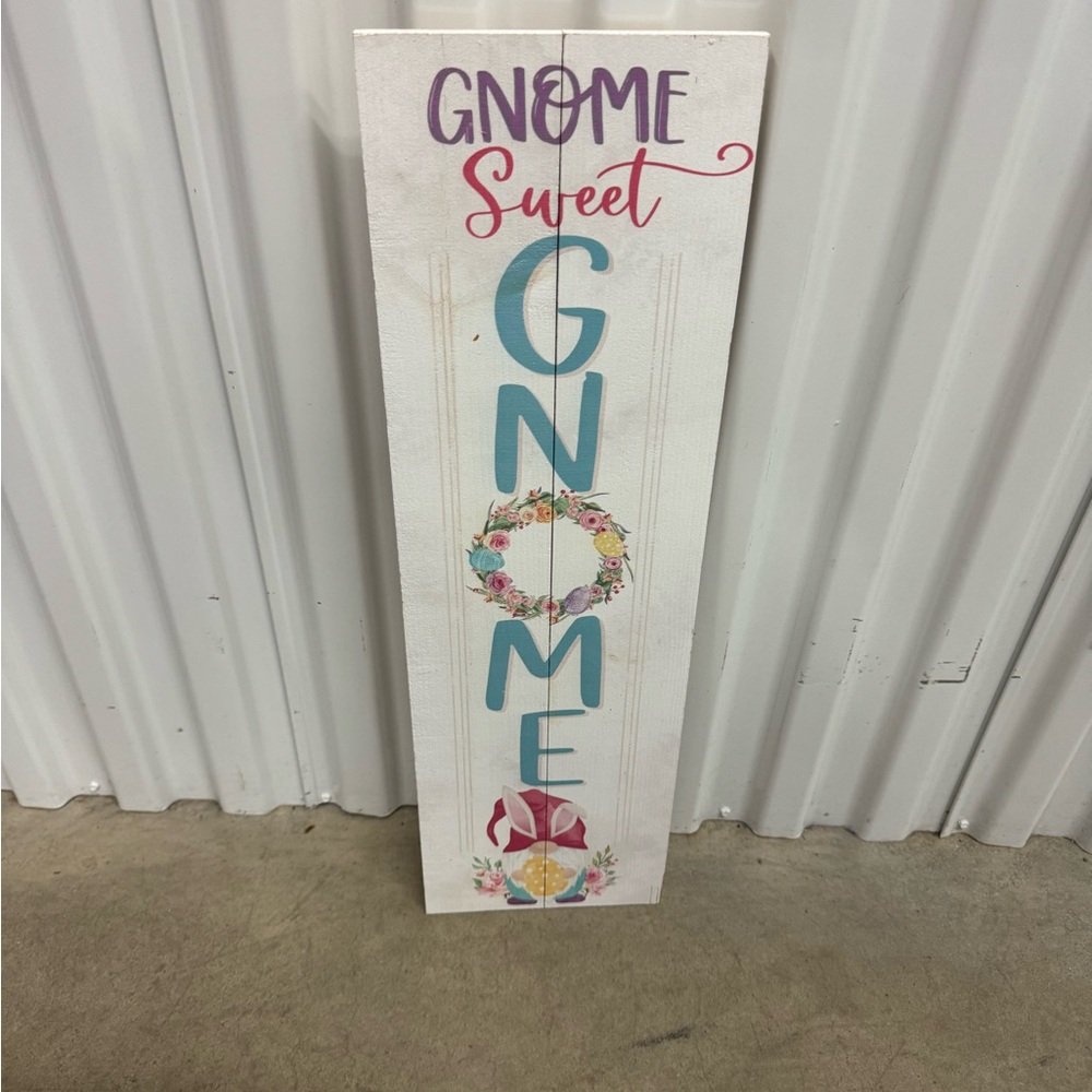 Gnome Sweet Gnome Vertical Wood Sign - White, Teal & Purple